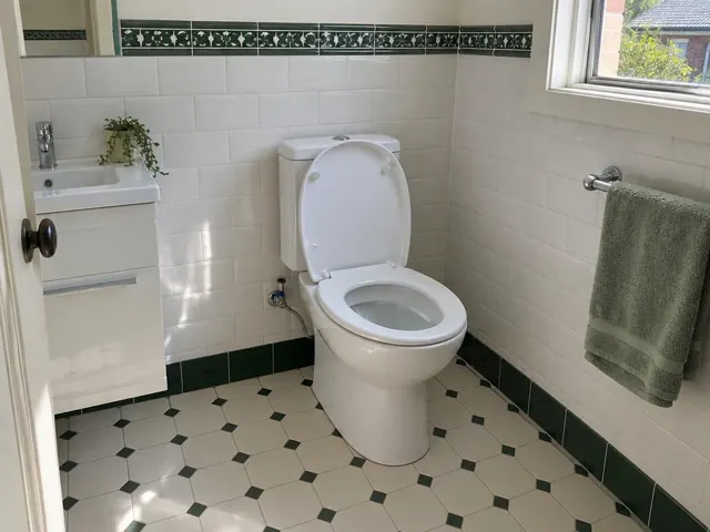 Clean white toilet in a tiled bathroom with a small window and towel rail in Thornleigh
