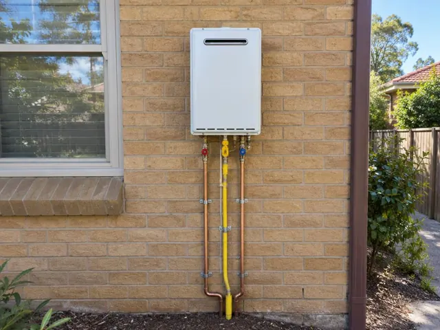 Outdoor gas hot water unit mounted on a brick wall beside a window and garden path in Hornsby